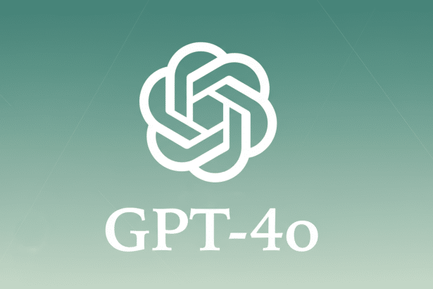 The white OpenAI logo with GPT-4o text below it, set against a professional background with a subtle green -to-gray gradient and faint geometric patte