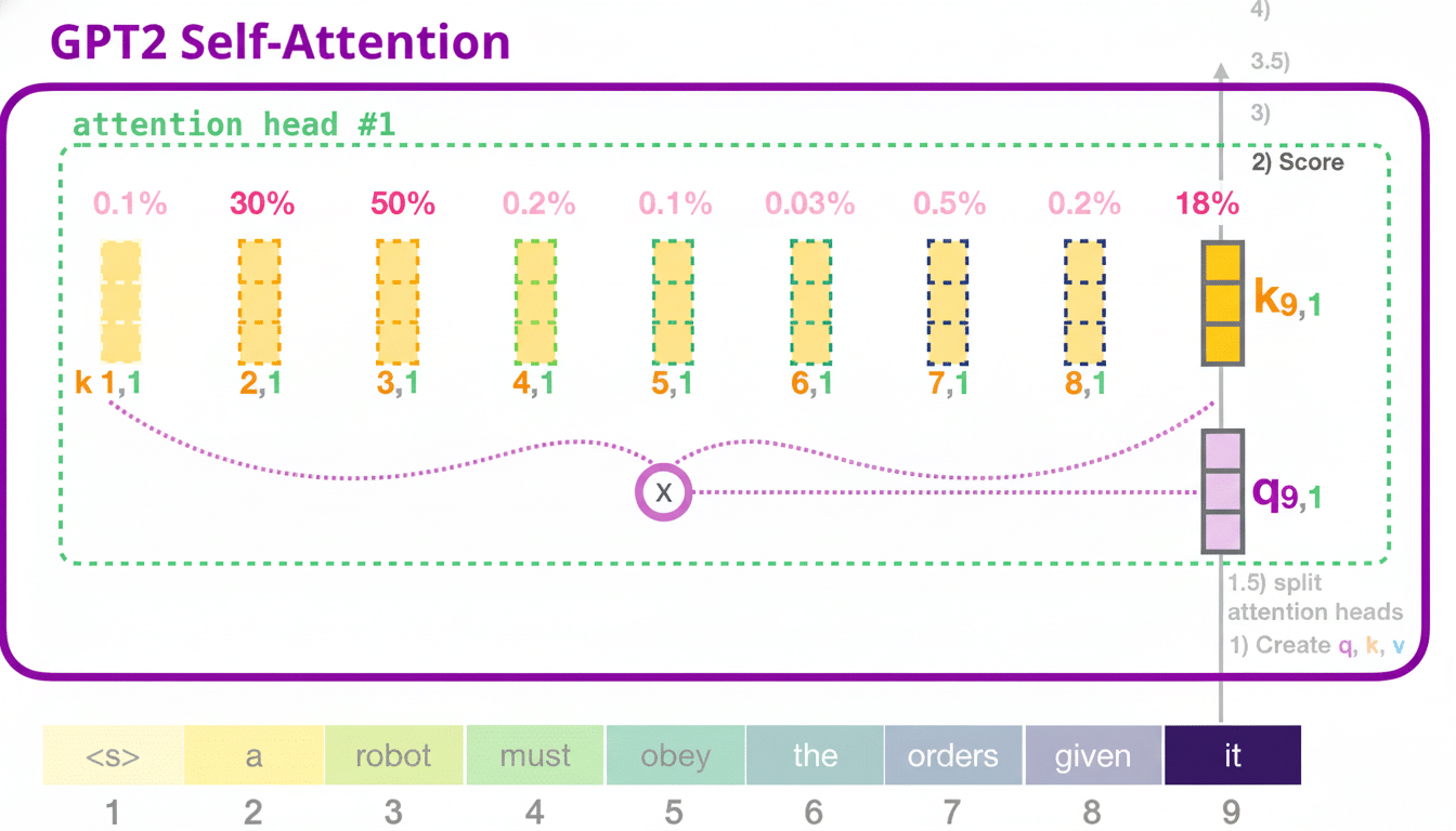 Diagram illustrating the GPT2 self- attention mechanism, showing how an attention head processes input tokens to calculate scores and determine focus on specific parts of a sequence .