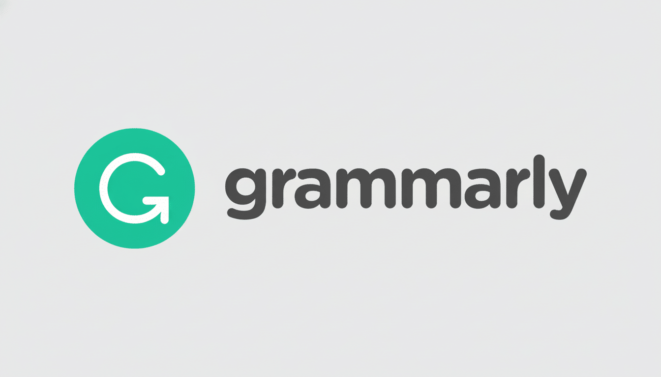 Gramm arly logo with a green circle and white G next to the word grammarly on a professional flat gray background.