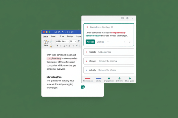 A professional screen capture of a word processing application showing a document with text and a pop-up window from a grammar and spell -checking too