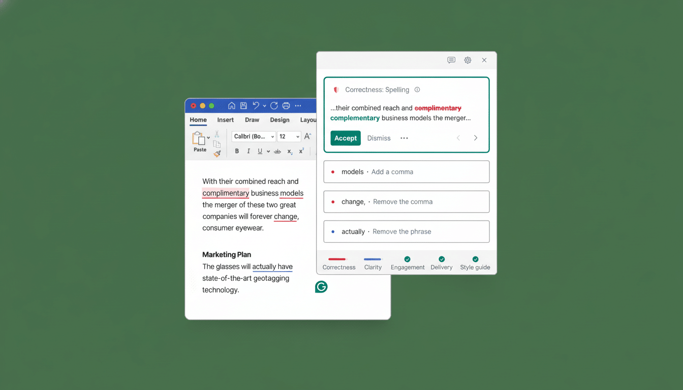 A professional screen capture of a word processing application showing a document with text and a pop-up window from a grammar and spell -checking too