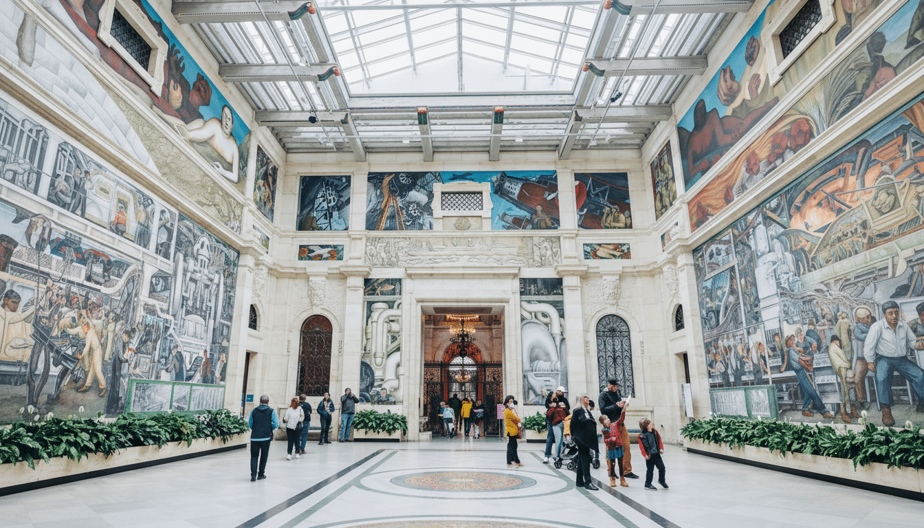 People admiring the murals and architecture inside a grand hall with a skylight.