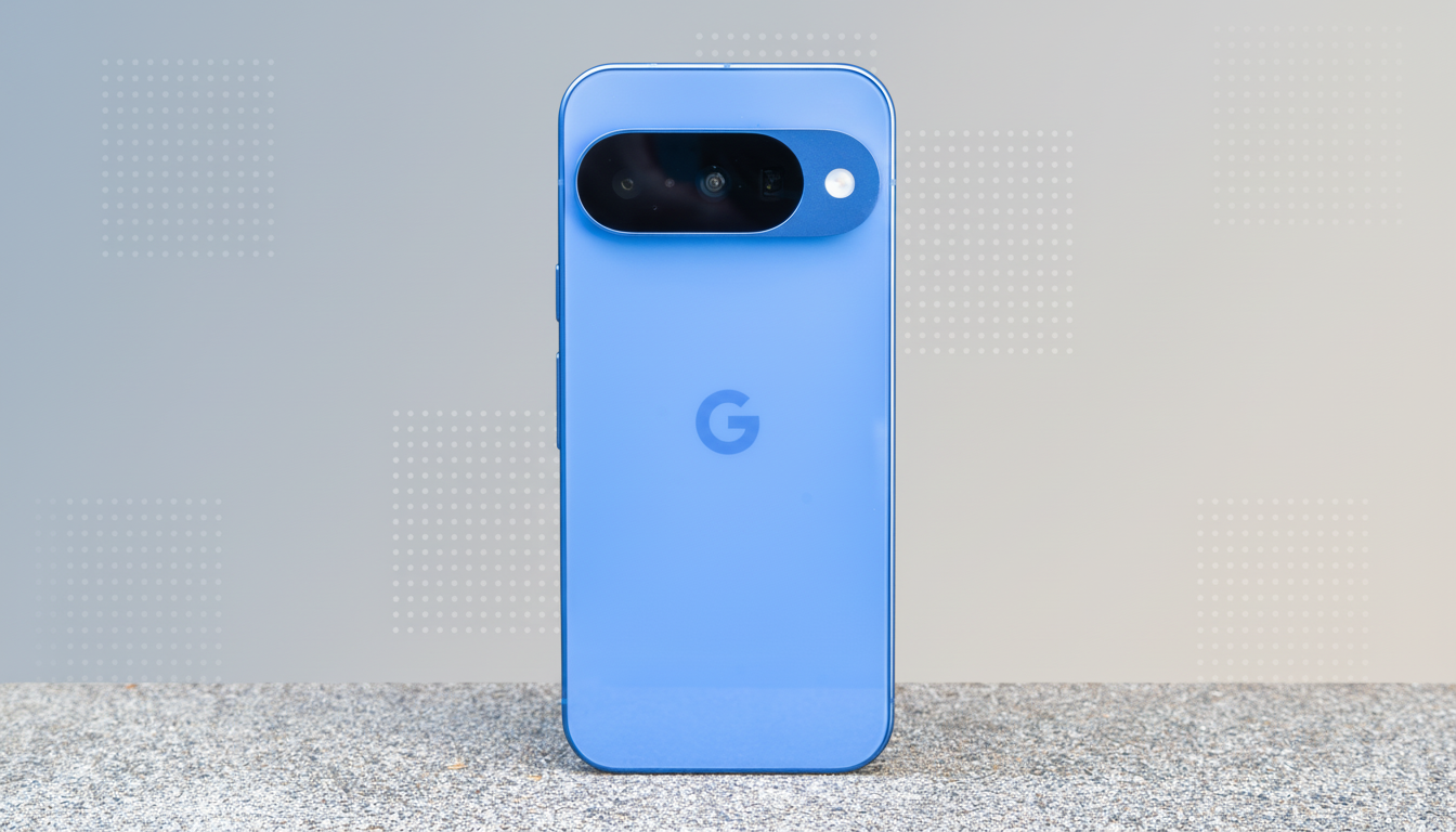 A blue Google Pixel smartphone is centered on a concrete surface, with a soft gray background featuring subtle dotted patterns.