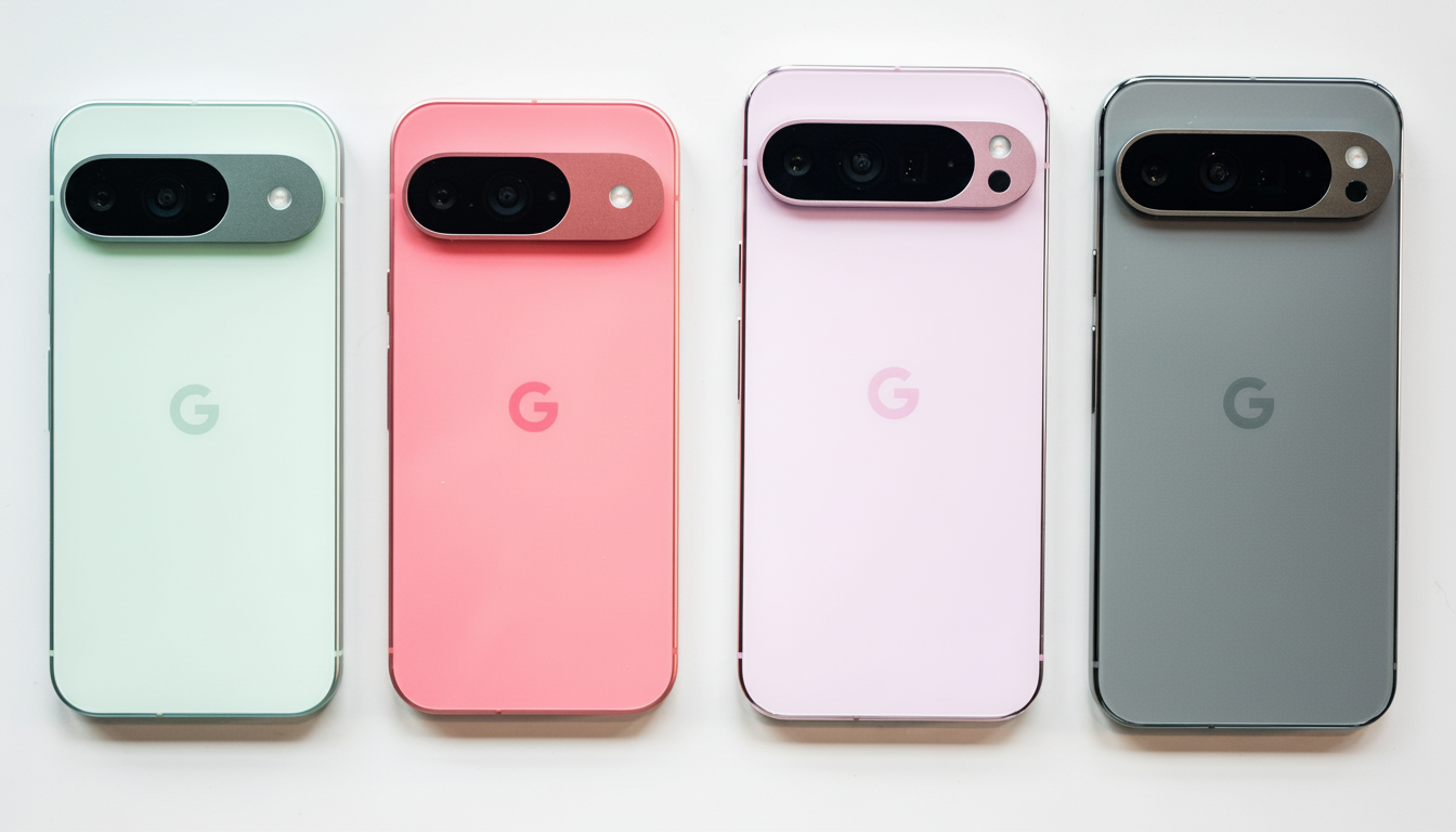 Four Google Pixel phones in different colors (green, pink, light purple, and gray) are arranged in a row on a white surface, showcasing their rear designs and camera bars.