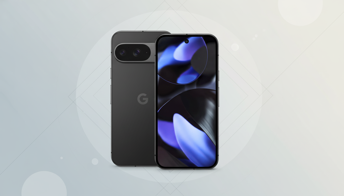 A dark gray smartphone with a Google logo on the back and a screen displaying abstract purple and black shapes, presented on a light gray background with subtle geometric patterns.