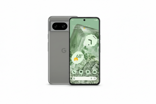 A grey Google Pixel 7 phone standing upright , with its screen displaying a nature -themed wallpaper, a weather widget showing 68 degrees , and app icons at the bottom. Behind it, another Google Pixel phone is shown face down, revealing its camera bar and the Google logo. The background is a clean white. Filename : googlepixel 7phones 16x 9. png