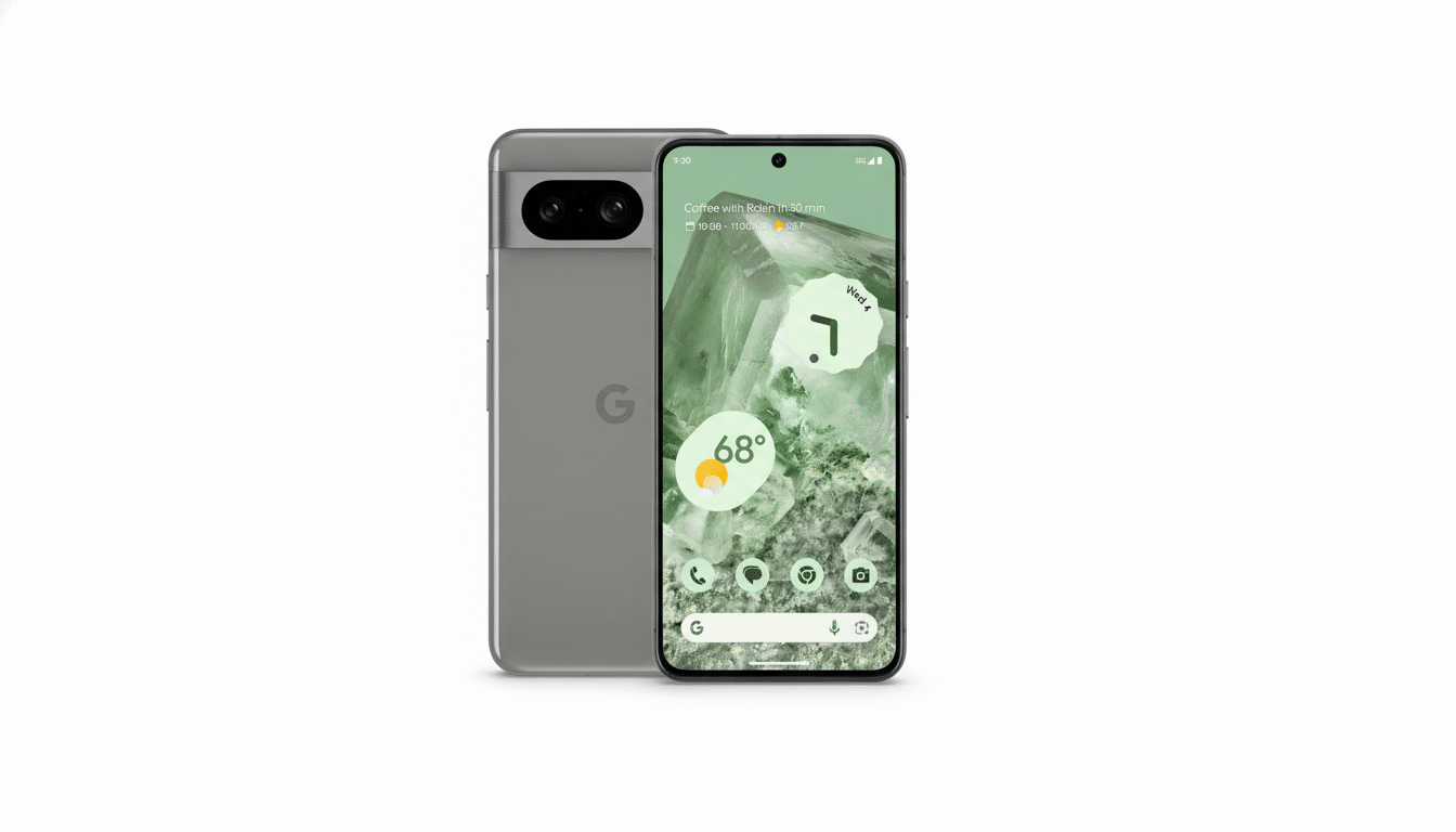 A grey Google Pixel 7 phone standing upright , with its screen displaying a nature -themed wallpaper, a weather widget showing 68 degrees , and app icons at the bottom. Behind it, another Google Pixel phone is shown face down, revealing its camera bar and the Google logo. The background is a clean white. Filename : googlepixel 7phones 16x 9. png