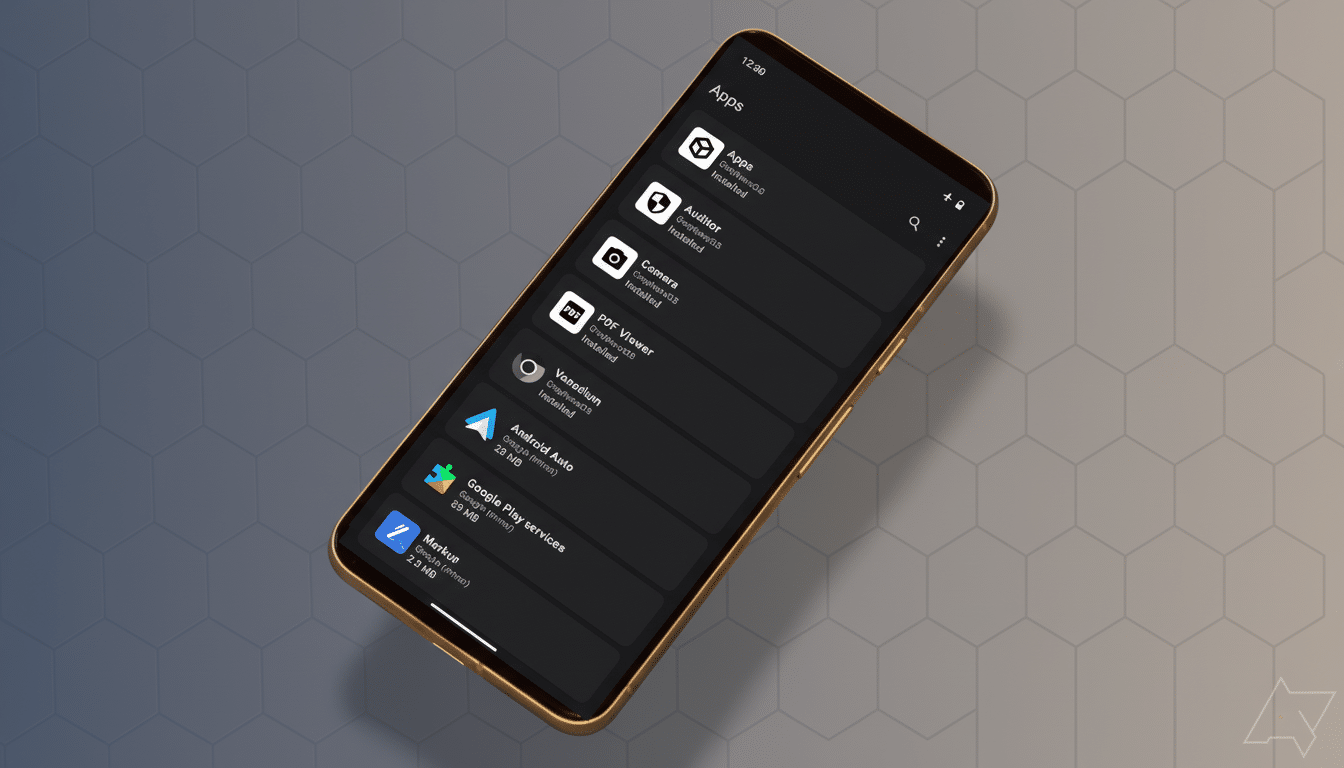 A gold-framed smartphone displaying an Apps screen with a list of applications like Auditor , Camera, PDF Viewer, and Android Auto, set against a professional, subtly patterned gray background. Filename : smartphone appsscreen . png