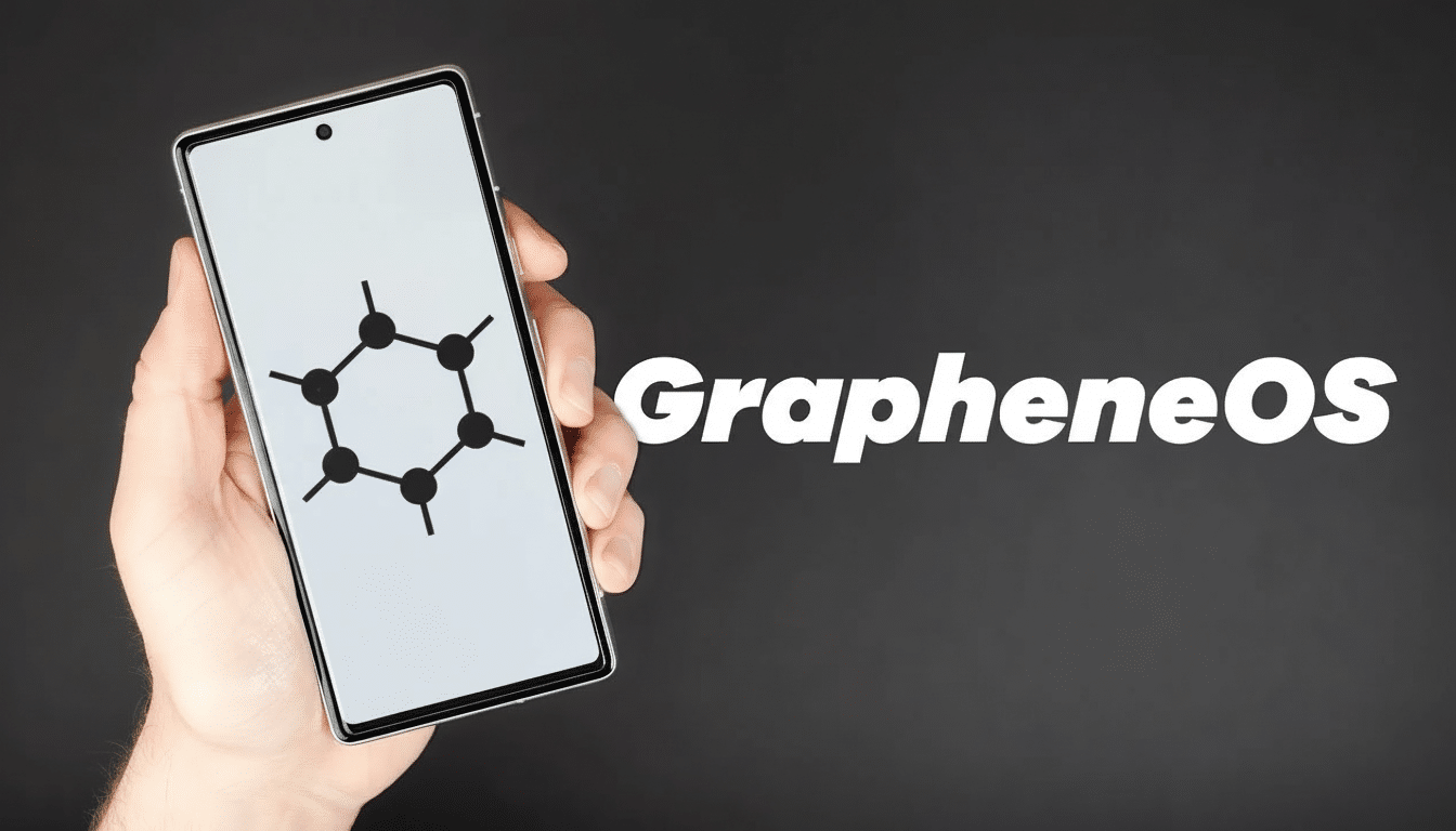 A hand holding a smartphone displaying the Graphene OS logo and text against a dark background, resized to 16 :9 aspect ratio with professional enhancements .