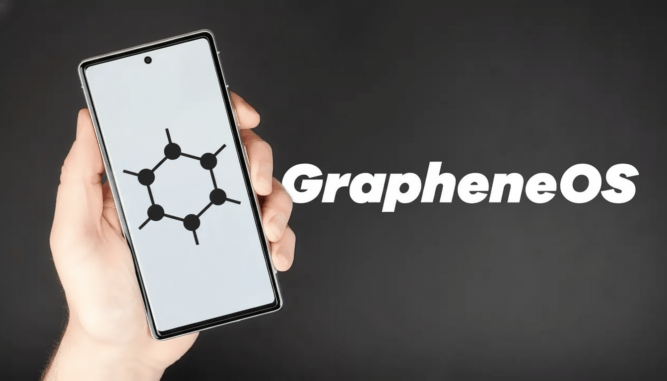 A hand holding a smartphone displaying the Graphene OS logo, with the G rapheneOS text next to it, set against a dark background .