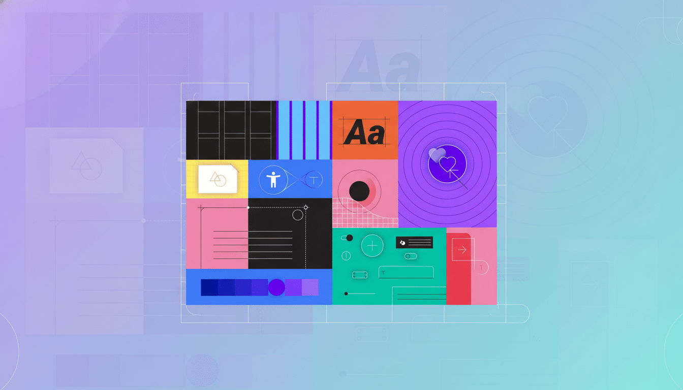 A colorful graphic design layout featuring various abstract elements , icons, and typography examples , set against a new professional flat background with soft gradients.