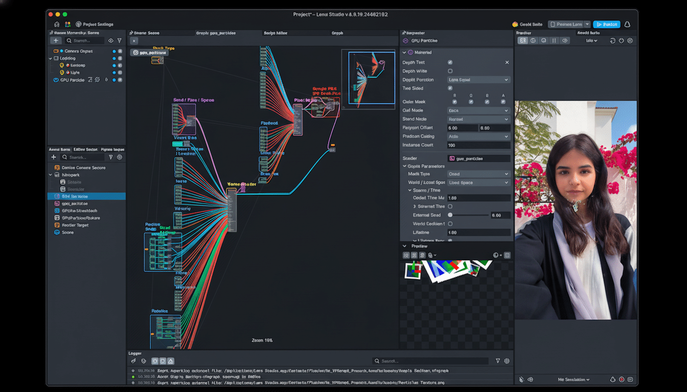 A professional screenshot of a 3D graphics software interface , showcasing a complex node -based particle system alongside a live preview window displaying a young woman . The interface has been resized to a 16:9 aspect ratio.