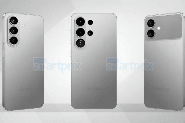 Three gray smartphones are shown from different angles on a white background, all featuring multi -lens cameras and the smartprix watermark .