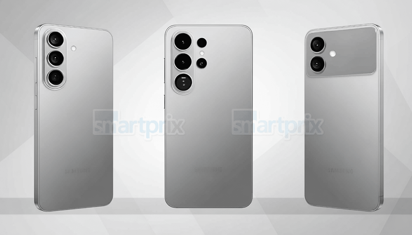 Three gray smartphones are shown from different angles on a white background, all featuring multi -lens cameras and the smartprix watermark .