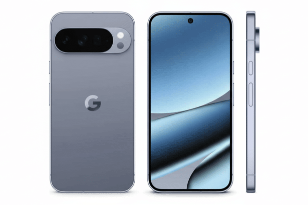 A professional 16: 9 aspect ratio image of a gray smartphone, showcasing its back with a G logo and camera bar, its front screen, and a side profile v