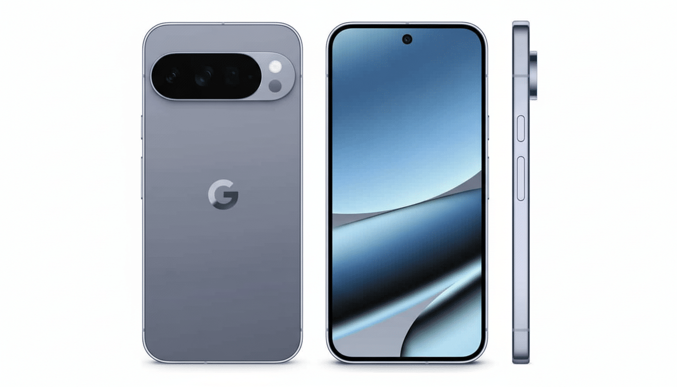 A professional 16: 9 aspect ratio image of a gray smartphone, showcasing its back with a G logo and camera bar, its front screen, and a side profile v
