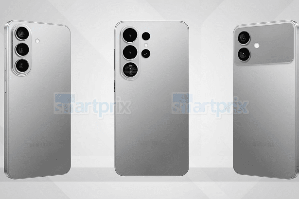 Three gray smartphones are shown from different angles, showcasing their rear design and camera modules, with smartprix water marks.