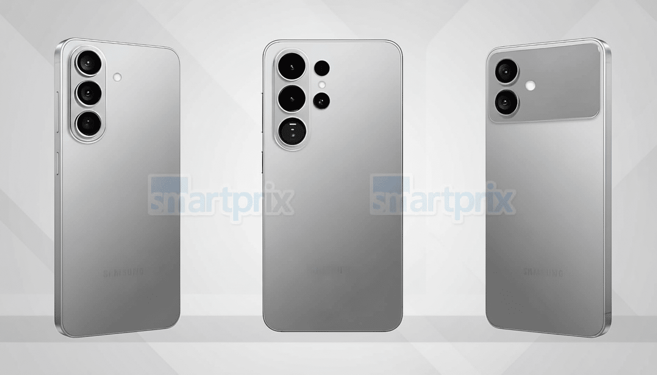 Three gray smartphones are shown from different angles, showcasing their rear design and camera modules, with smartprix water marks.