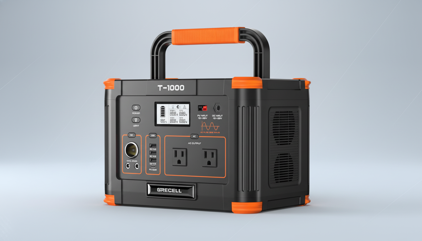 A black and orange portable power station with multiple outlets and a digital display, presented on a professional flat gray background.