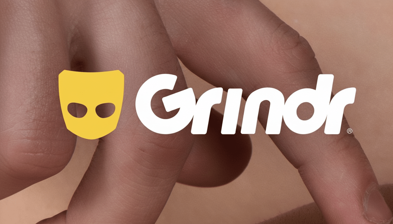 The Grindr logo, featuring a yellow mask -like icon and the white text Grindr with a registered trademark symbol, overlaid on a background of what appears to be human skin. The image is professionally enhanced and resized to a 16:9 aspect ratio.