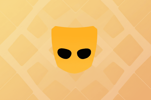 The Grindr logo, an orange mask- like icon with two black eye holes, centered on a light orange background with a subtle geometric pattern. Filename : grindr logoprofessional background.png