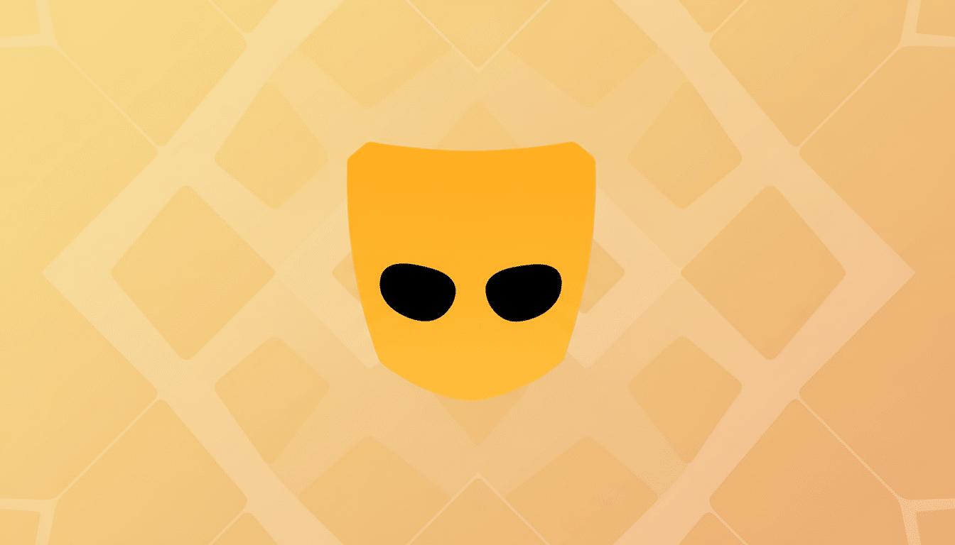 The Grindr logo, an orange mask- like icon with two black eye holes, centered on a light orange background with a subtle geometric pattern. Filename : grindr logoprofessional background.png