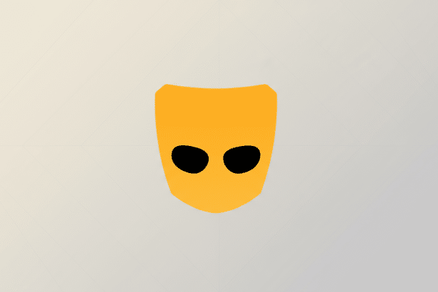 The Grindr logo, a stylized orange mask with two black eye holes , centered on a light gray background with a subtle geometric pattern.
