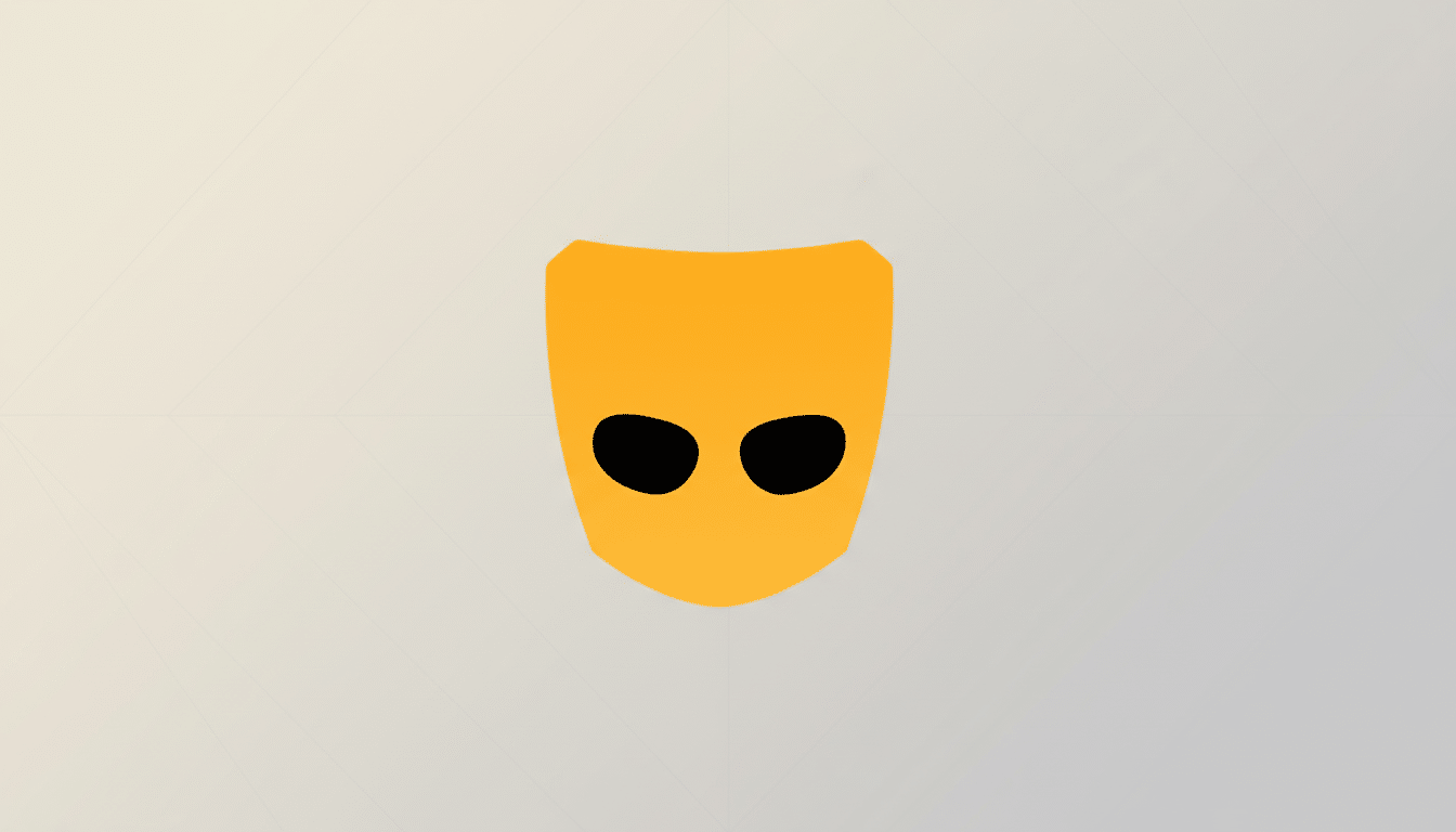 The Grindr logo, a stylized orange mask with two black eye holes , centered on a light gray background with a subtle geometric pattern.