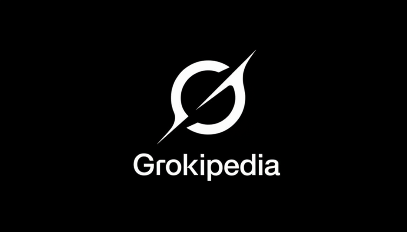 The Grokipedia logo, featuring a white stylized G with a diagonal line through it, above the word Grokipedia in white text, all set against a solid black background.