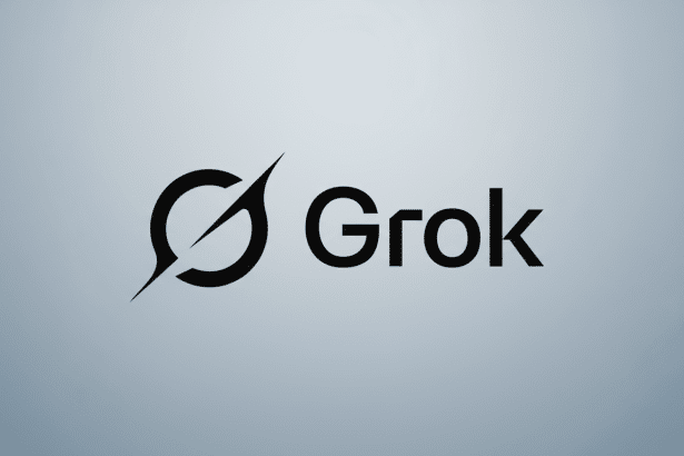 The Gro k logo in black, featuring a stylized G or circular icon with a diagonal slash, next to the word Grok in a sans-serif font. The logo is center