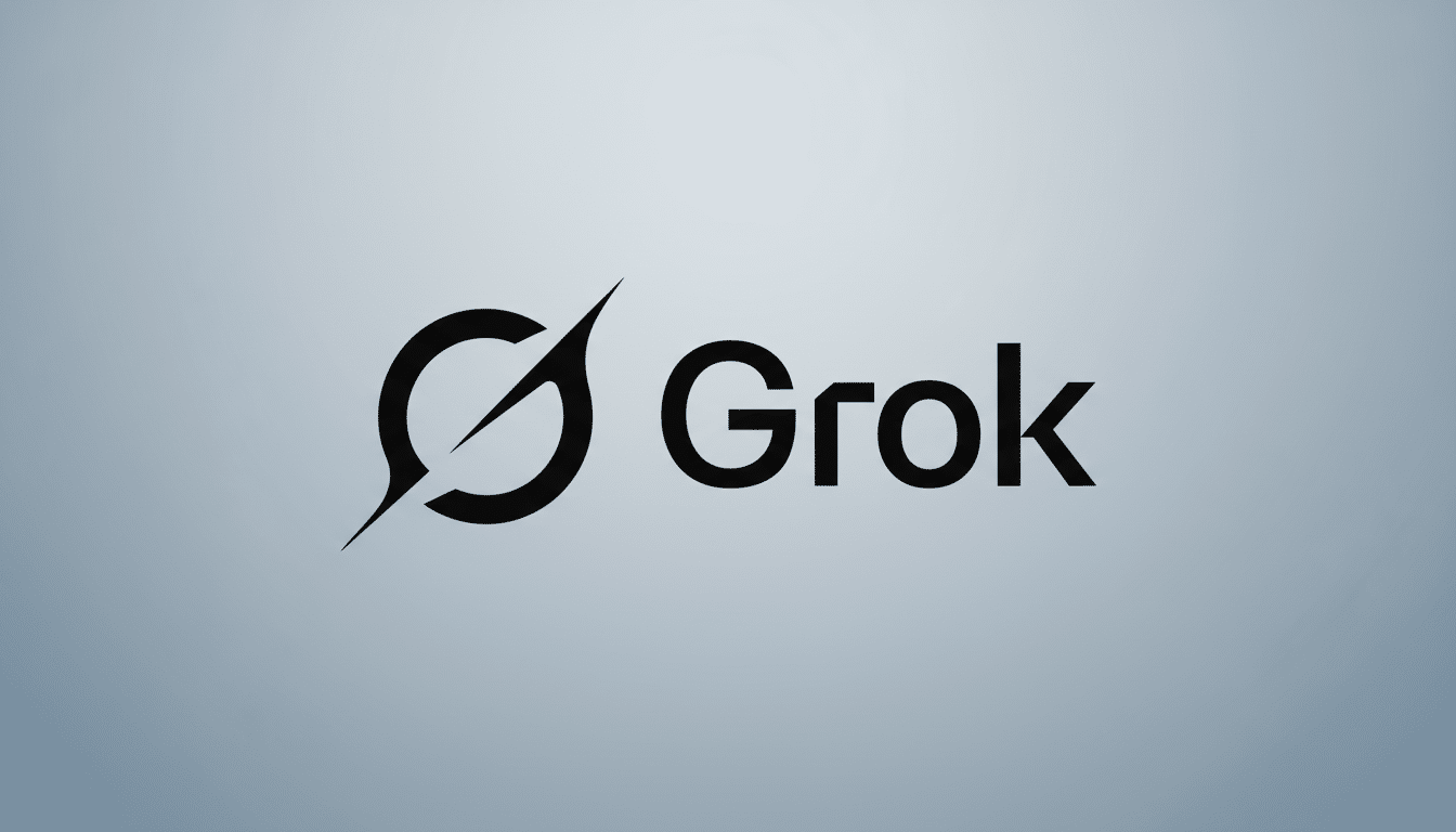 The Gro k logo in black, featuring a stylized G or circular icon with a diagonal slash, next to the word Grok in a sans-serif font. The logo is center