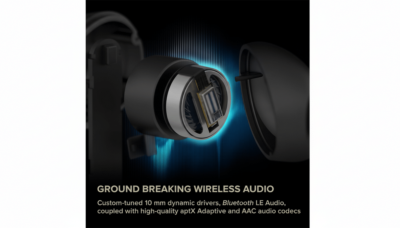 Close -up of an ear bud with its internal components visible, showcasing GROUND BREAKING WIRE LESS AUDIO and specifications. Filename : groundbreaking wirelessaudio .png