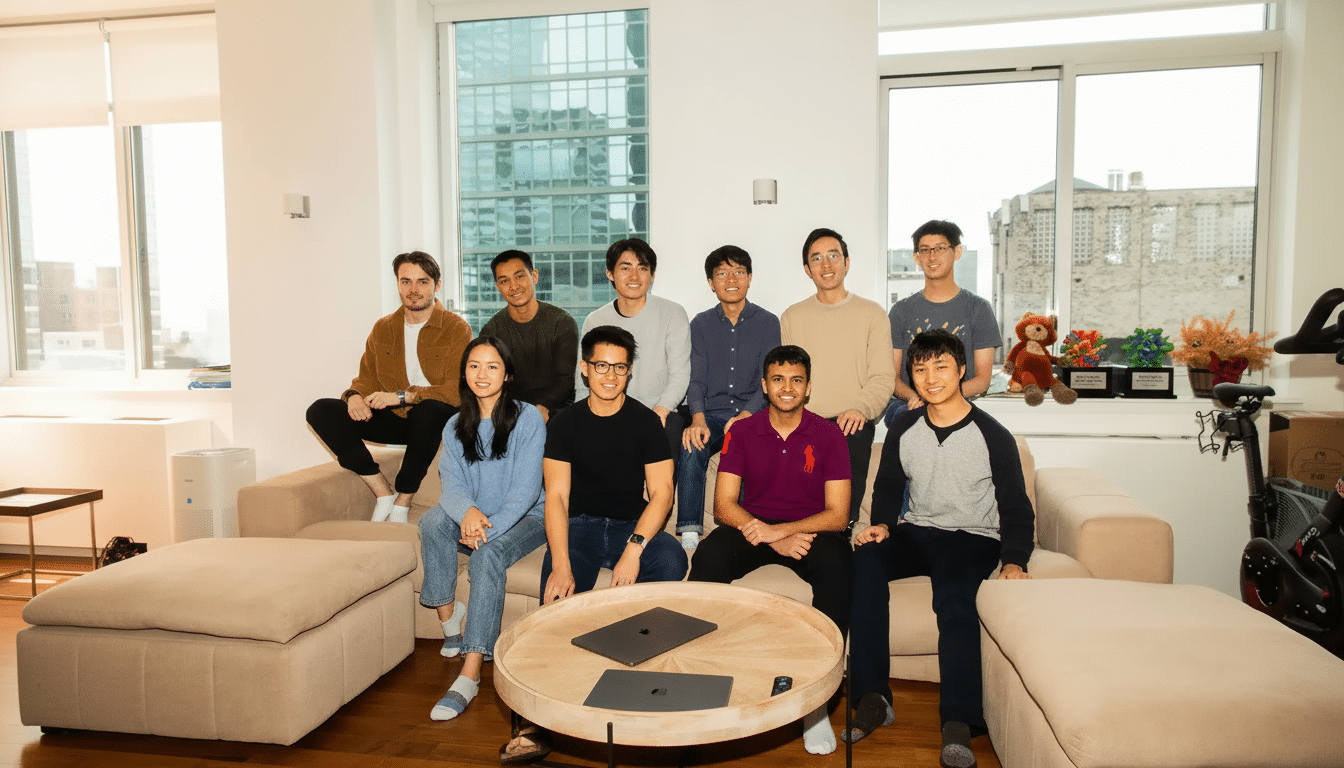 A group of ten young individuals, predominantly male, posing together in a modern, well -lit living room. They are casually dressed and are seated and