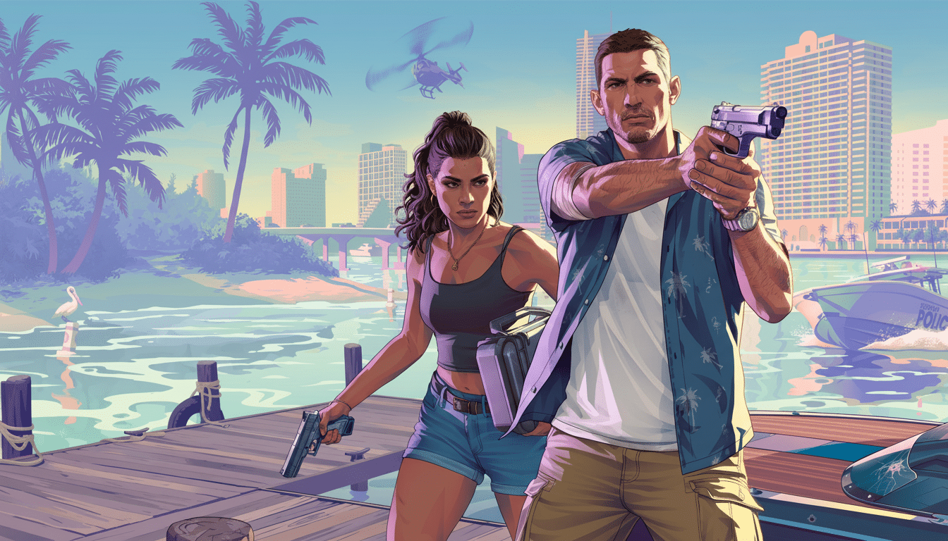 An image featuring a man and a woman, both holding pistols , standing on a wooden dock with a tropical city in the background. A police boat and helicopter are also visible. Filename : tropical citydu o. png