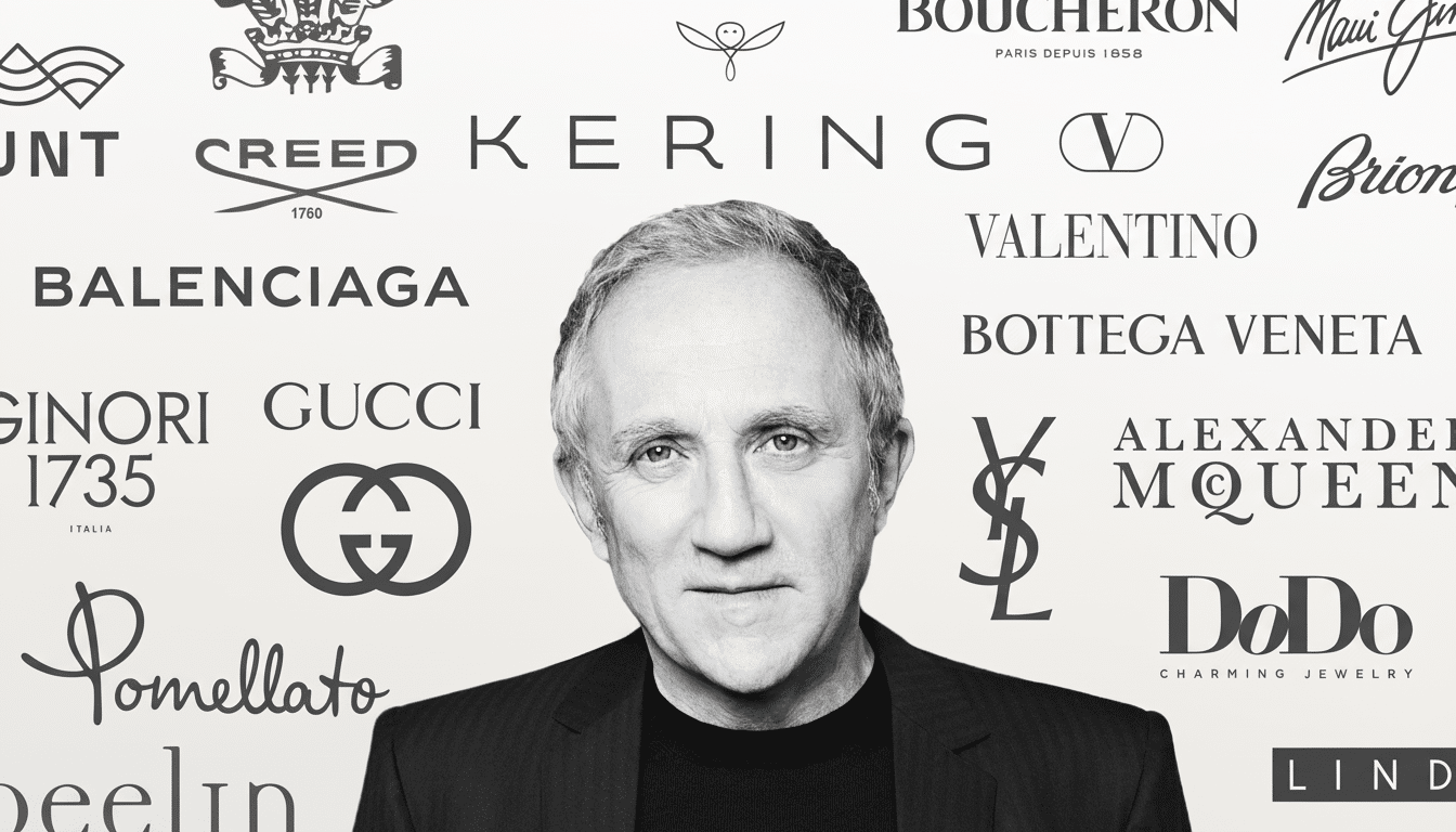 A man in a black jacket and shirt stands against a background filled with various luxury brand logos, with a 16: 9 aspect ratio.