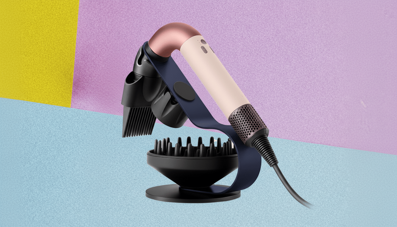 A professional shot of a modern hair dryer with multiple attachments, including a diffuser and a comb, on a stand . The hair dryer is rose gold and beige, with a dark blue strap securing it to the stand. The background is a soft gradient of purple , yellow, and blue. Filename : hairdry erprofessional display .png
