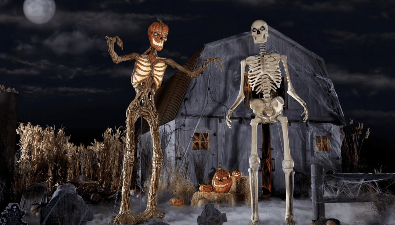 A spooky Halloween scene with two large animated skeletons, one with a pumpkin head , standing in front of a weathered barn under a full moon. Filename : halloweenske letonsbarn .png