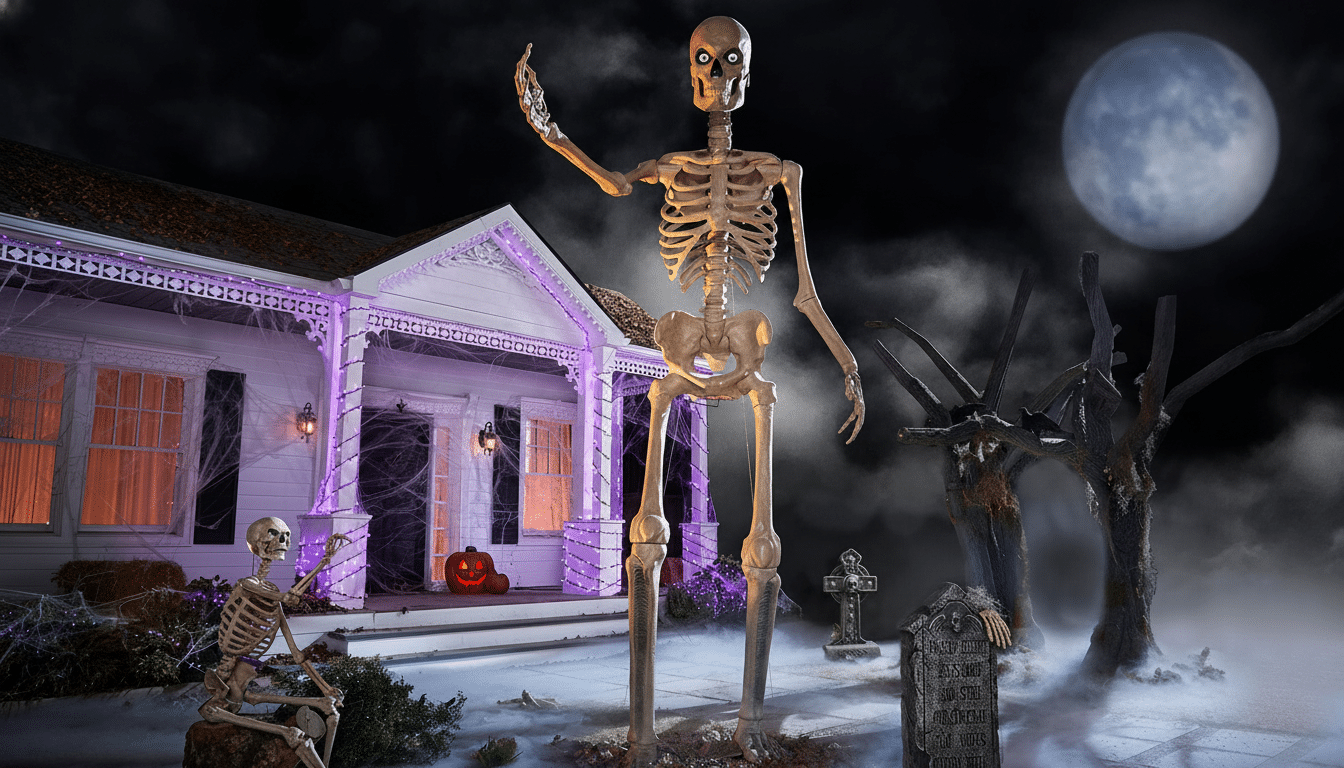 A large skeleton decoration stands in a yard at night, with a smaller skeleton seated nearby . A white house decorated with purple lights, a pumpkin, and spiderwebs is in the background, under a full moon with fog on the ground.