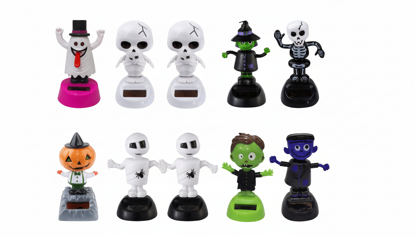 alt =Eight solar-powered dancing Halloween figures, including a ghost, skeletons , witches, a pumpk