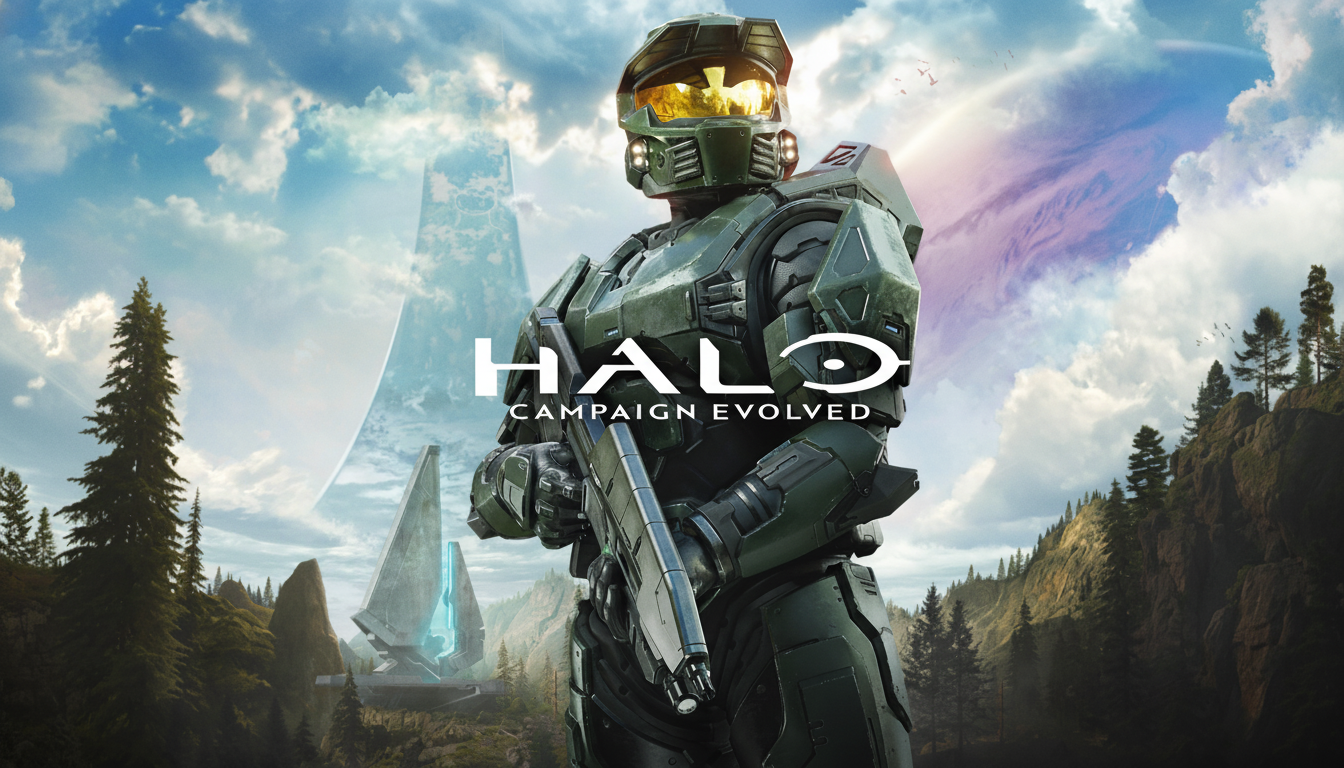 The Halo Campaign Evolved logo is displayed over a 16:9 aspect ratio image of Master Chief standing in a natural landscape with futuristic structures in the background.