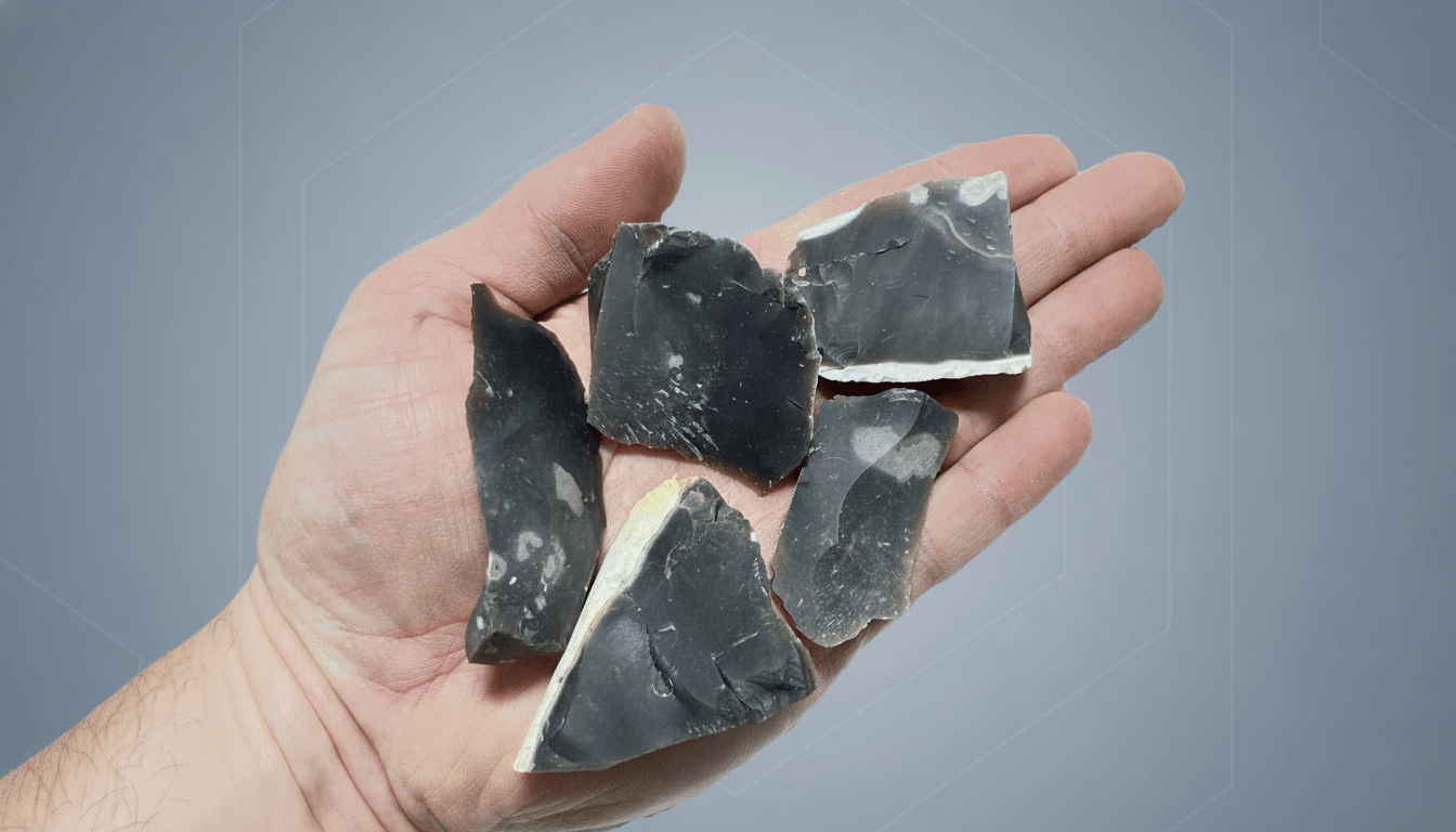 A hand holding several pieces of raw, unpolished flint stone.