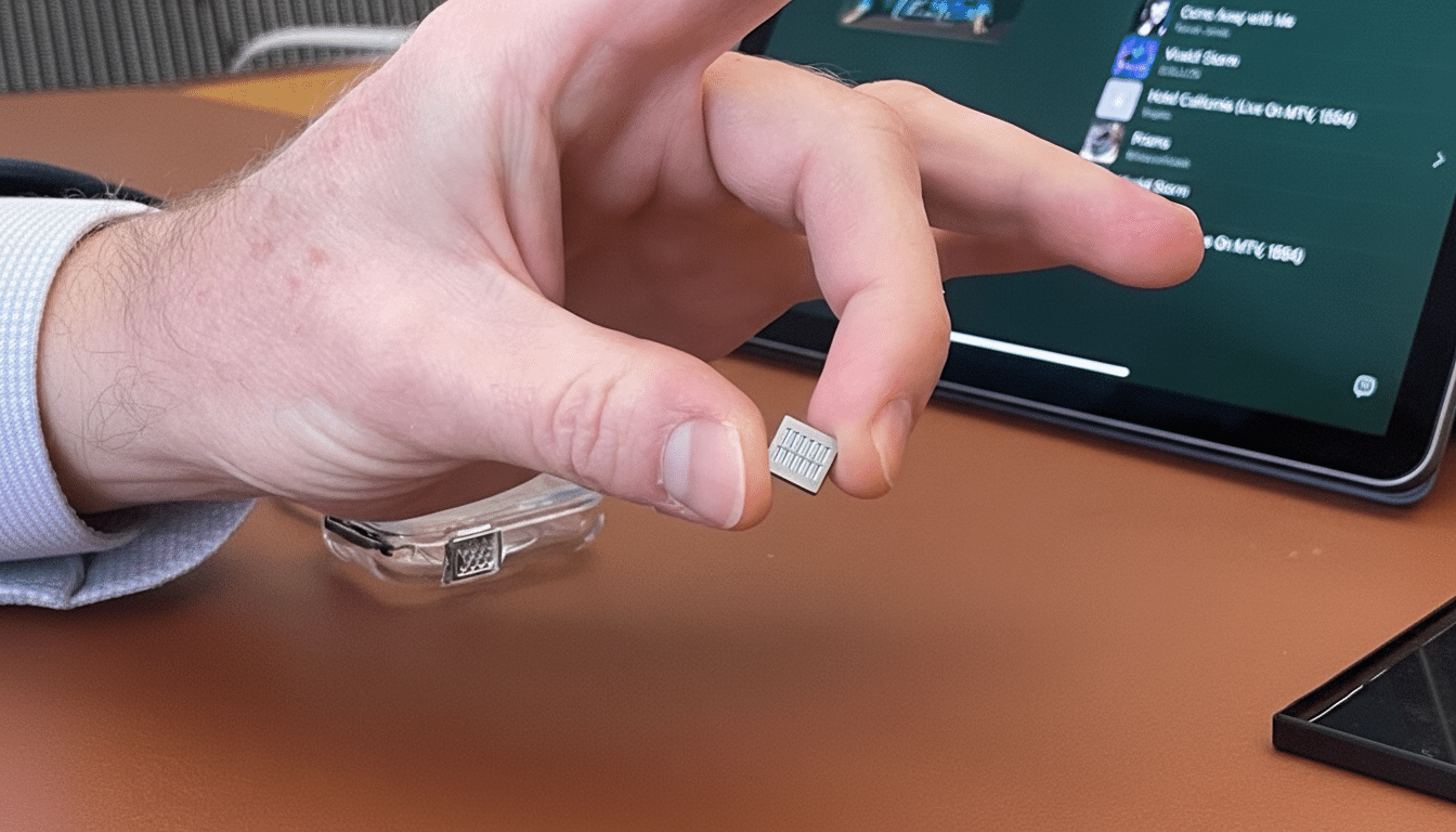 A man 's hand holds a tiny , rectangular electronic component between his thumb and index finger, with a tablet displaying a music playlist in the blurred background. Filename : hand holdingmicro chip.png