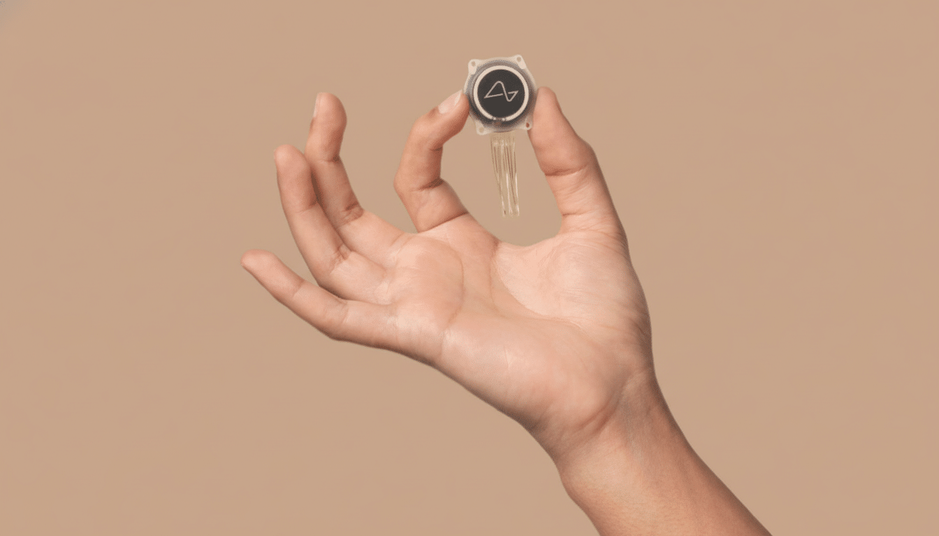 A hand holds a small, clear device with a black top featuring a white waveform icon, against a neutral background .