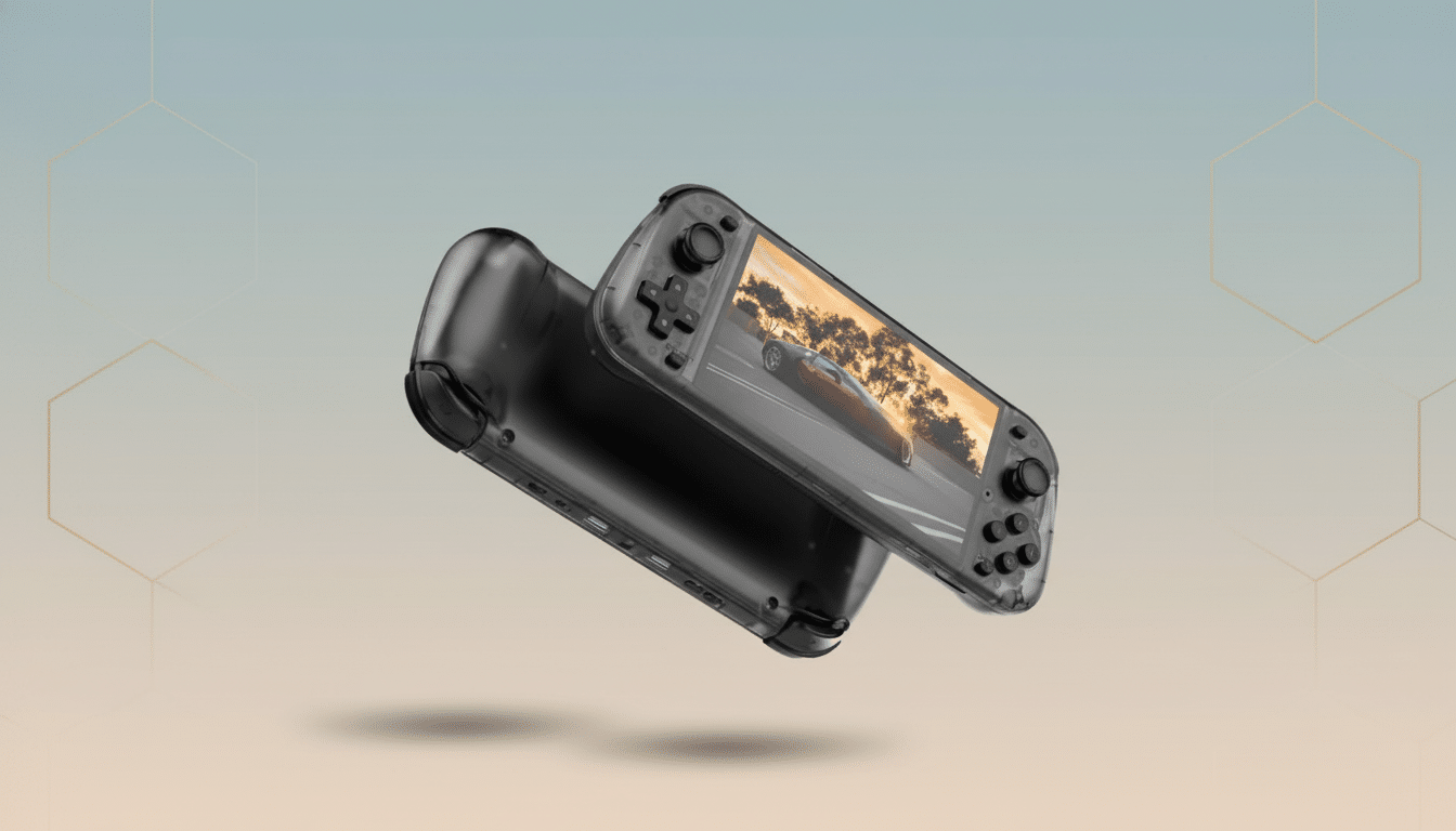 A professional 16:9 image of a black handheld gaming console featuring a screen displaying a car on a road, against a clean , light gradient background with subtle hexagonal patterns. Filename : handheld gamingconsole professional .png
