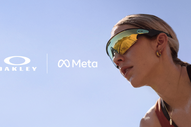 A woman wearing Oakley Meta smart glasses under a clear sky, with the Oakley and Meta logos displayed on the left .