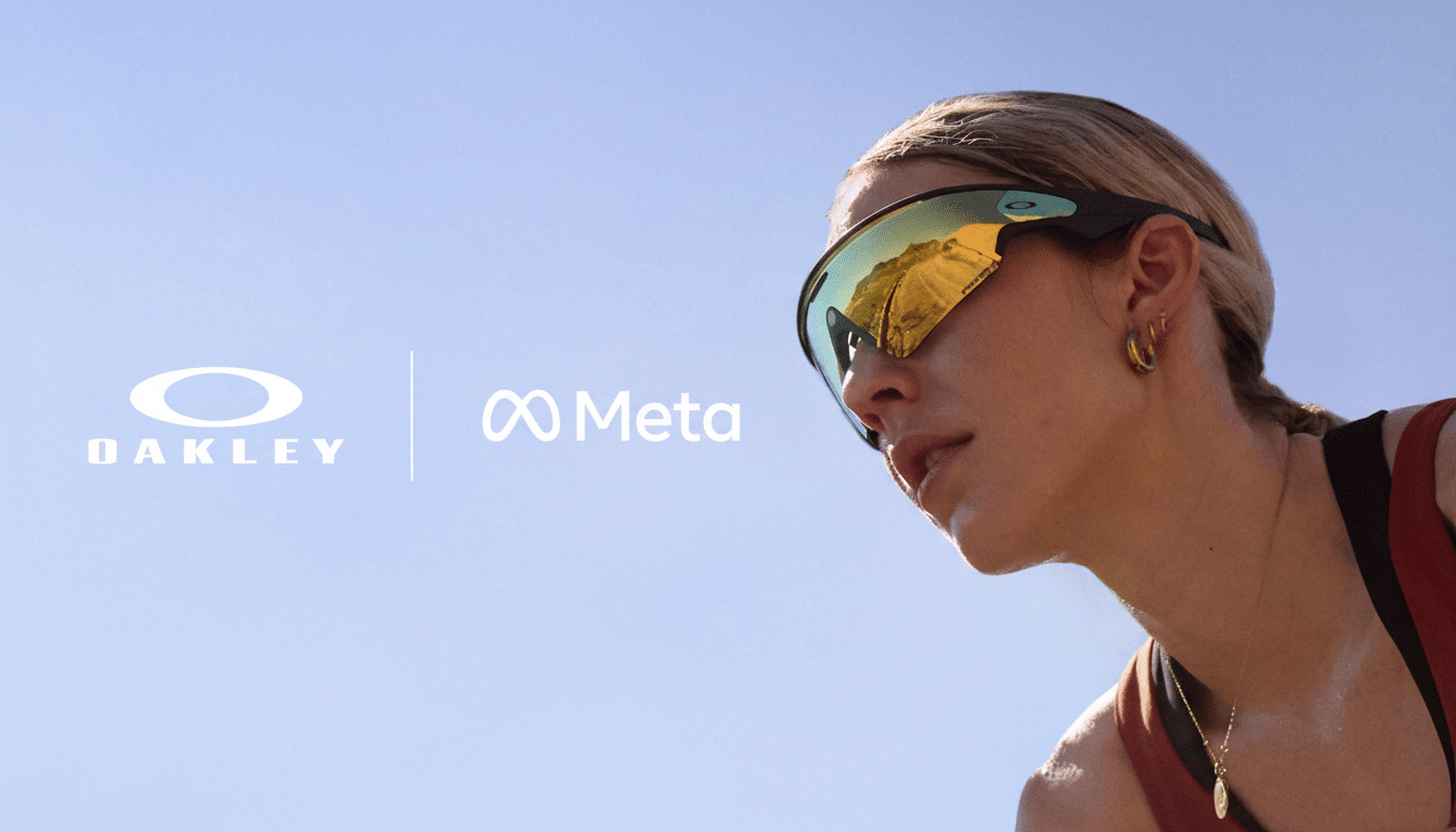 A woman wearing Oakley Meta smart glasses under a clear sky, with the Oakley and Meta logos displayed on the left .
