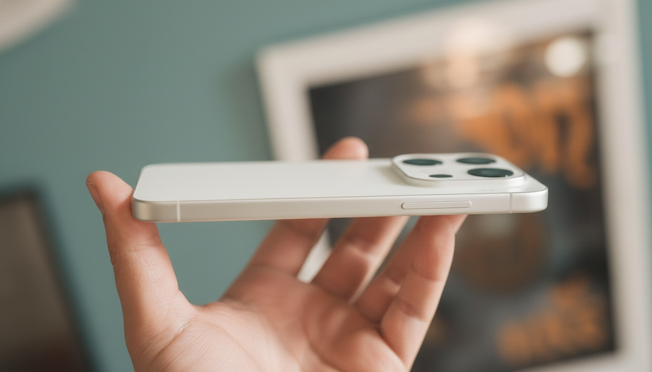 A hand holding a white smartphone, showcasing its camera module and side profile against a blurred background.