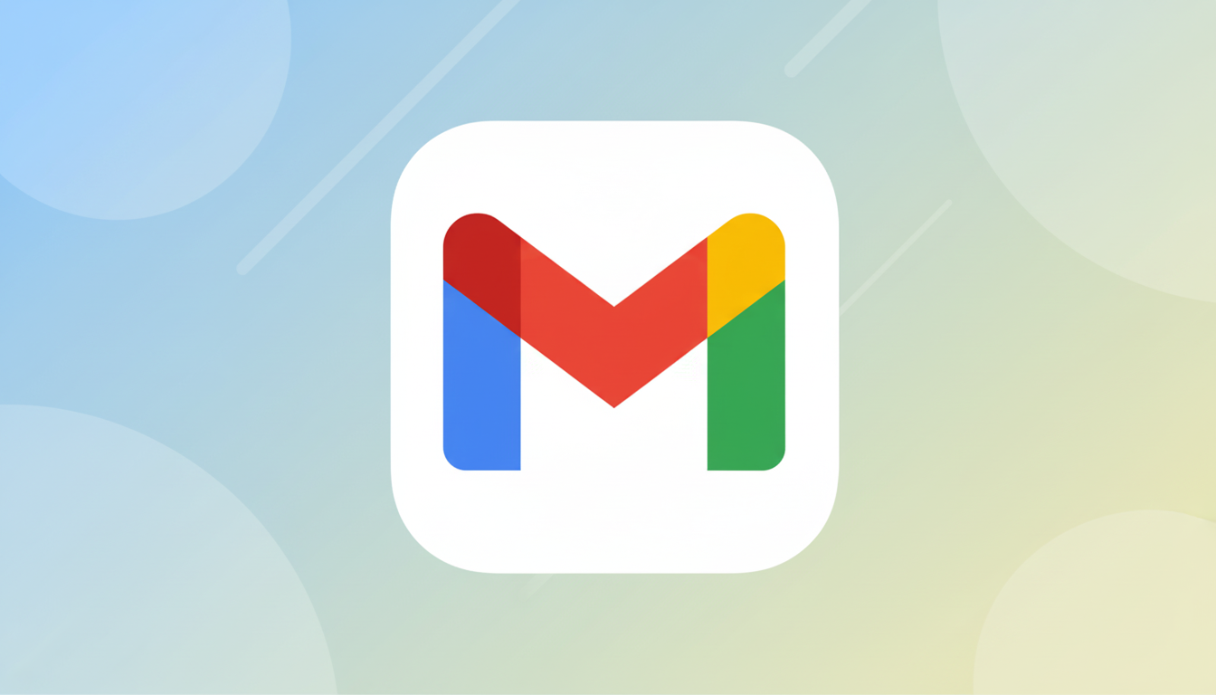 The Gmail app icon, featuring a colorful M logo on a white rounded square, set against a professional flat design background with soft blue and yellow gradients and subtle geometric patterns.