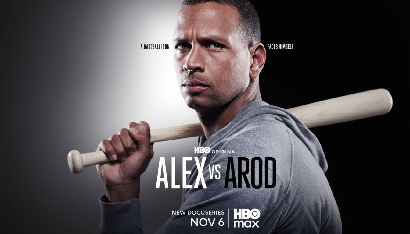 A promotional image for Alex vs Arod showing Alex Rodriguez holding a baseball bat over his shoulder, looking intently at the viewer. The background is a gradient from dark to light gray.