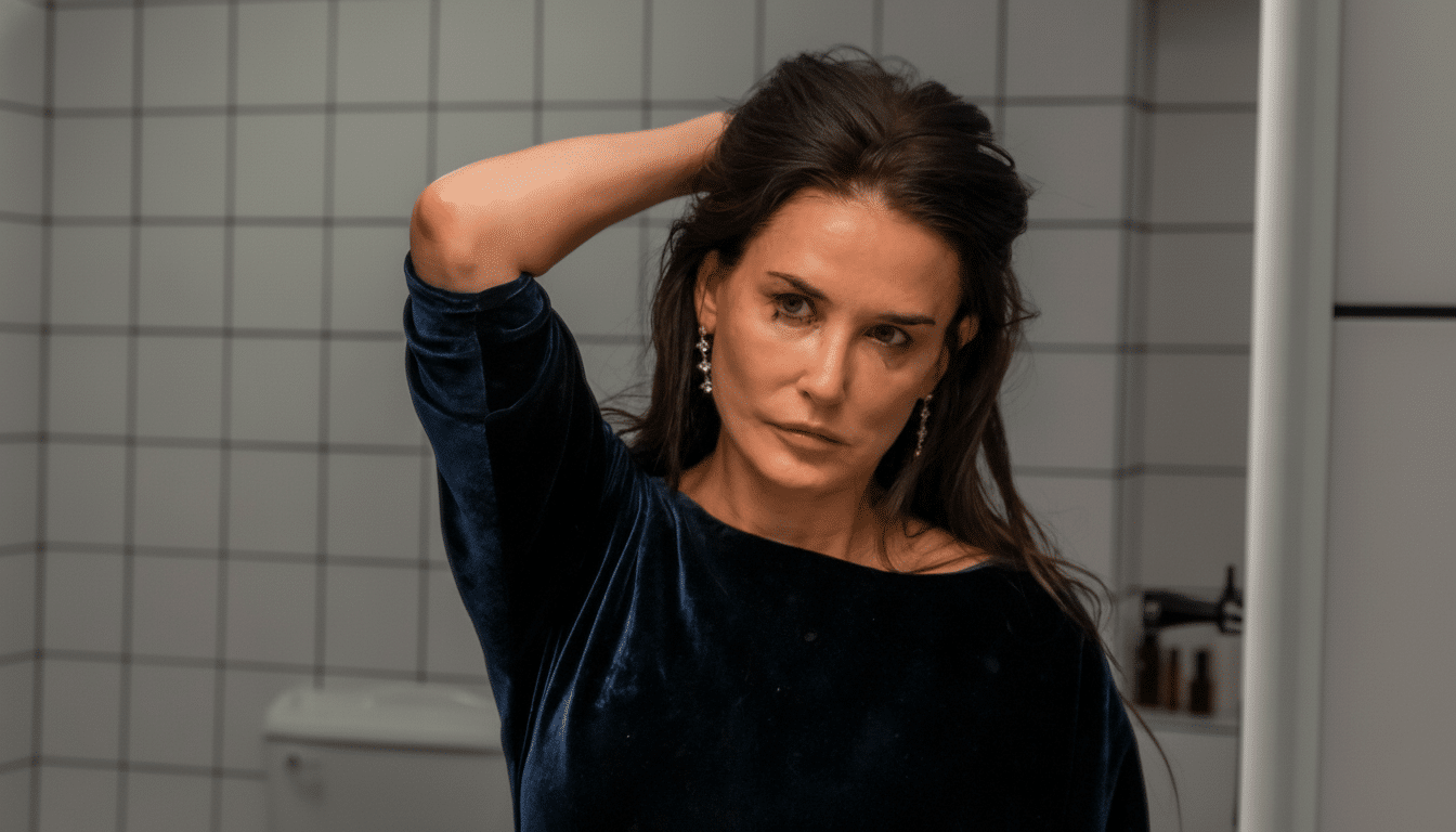 A woman with long dark hair, wearing a dark blue velvet top and drop earrings, looks reflect ively into a mirror with a hand near her head, against a tiled bathroom background. Filename : womanvel vettop mirror. png